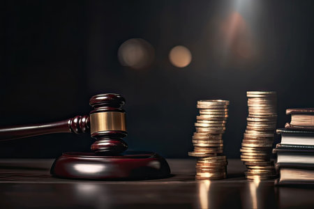 Wooden judge gavel and stack of coins on the table.の素材