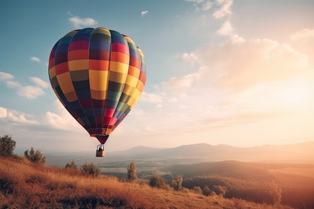 Colorful hot air balloon in the sky over the mountain valley.の素材