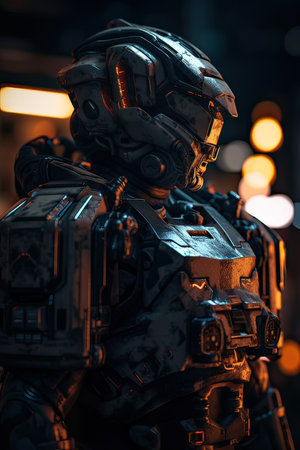close-up shot of a robot in the dark, blurred backgroundの素材