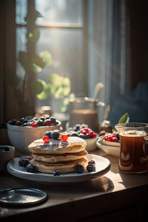 Pancakes with fresh berries and cup of coffee on wooden tableの素材