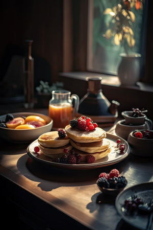 Pancakes with berries and honey on a wooden table in the kitchenの素材