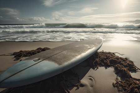 Surfboard on the beach in the morning. Vintage style.の素材