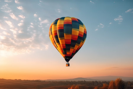 Colorful hot air balloon flying in the sky over the countryside.の素材