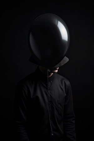 Man in black suit with a helmet on his head. Black background.の素材