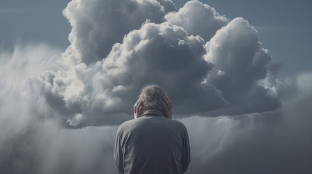 Rear view of a man looking at the clouds in the skyの素材