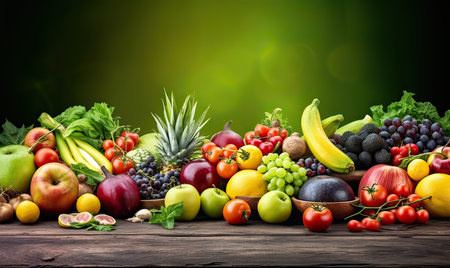 Fresh fruits and vegetables on wooden table. Healthy food background with copy spaceの素材