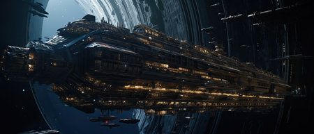 Futuristic space ship in the universe. 3D rendering.の素材