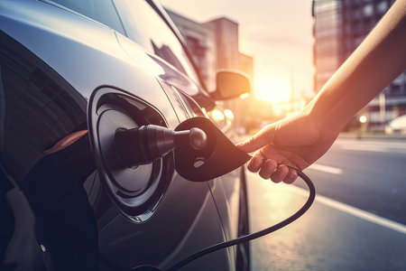 Close-up of a woman's hand charging an electric car at the charging stationの素材