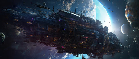 Spaceship in space. Science fiction wallpaper. 3D renderingの素材
