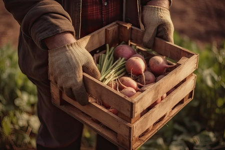 Close-up of farmer holding wooden box full of fresh organic vegetablesの素材