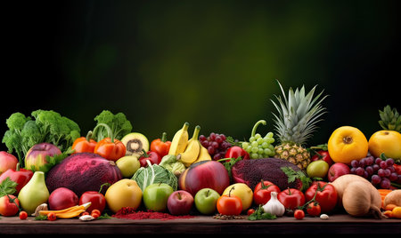 Fresh fruits and vegetables on wooden table. Healthy food concept. Copy spaceの素材
