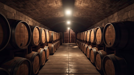 Wine barrels in the cellar of the winery. 3d renderingの素材