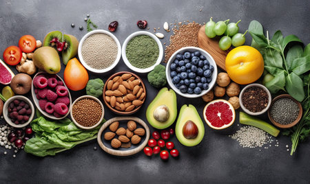 Healthy food clean eating selection: fruits, vegetables, cereals, legumes, superfoods and vitamins. Balanced dietの素材