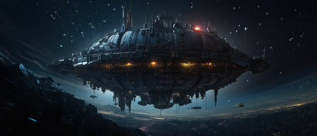 Spaceship in outer space. Science fiction wallpaper. 3D renderingの素材