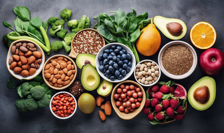 Healthy food clean eating selection: fruits, vegetables, superfoods, nuts, seeds and fruits. Balanced dietの素材