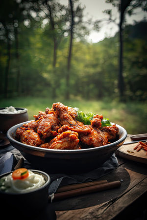 chicken wings in a bowl on a wooden table in the forestの素材