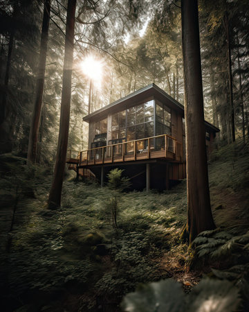 Wooden house in a pine forest on a foggy day.の素材