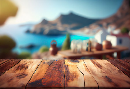 top wood table with Blur Nature of Santorini island backgroundの素材