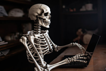 Skeleton working on a laptop at a table in a dark roomの素材