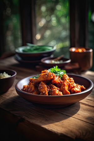 Fried chicken in sweet and sour sauce with rice on wooden tableの素材