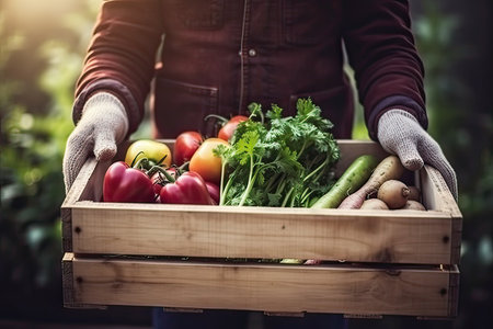 Organic farming. Farmer hands holding wooden box with fresh organic vegetables.の素材