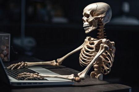 Human skeleton sitting on a desk with a laptop in a dark roomの素材