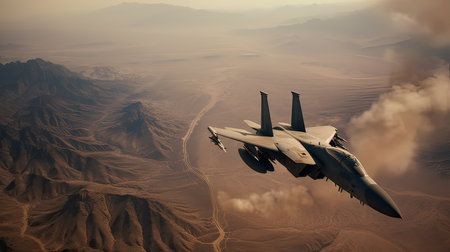 Fighter jet fighter in the desert. 3d render illustration.の素材