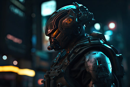 Portrait of a futuristic robot in the city at night. 3d rendering.の素材