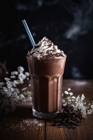 chocolate milkshake with whipped cream and white flowers on dark backgroundの素材