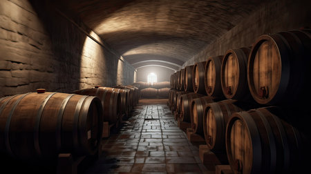 Wine barrels in the cellar of the winery. 3d renderingの素材