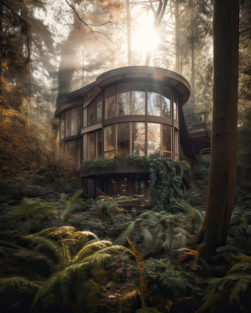 Wooden house in the forest. 3d rendering. Computer digital drawing.の素材