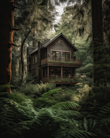 3d render of wooden house in the forest with fernsの素材