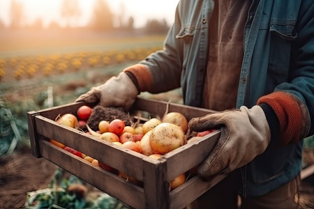 Farmer hands holding wooden box with freshly harvested potatoes on farm fieldの素材