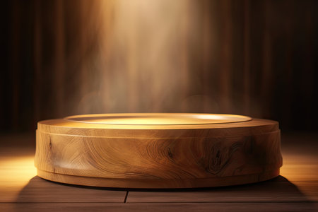 Wooden product display stand on wooden background. 3d rendering.の素材