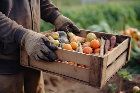 Farmer holding wooden box with fresh organic vegetables. Harvesting.の素材