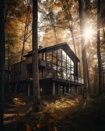 Wooden house in the dark forest at sunset. 3d renderingの素材
