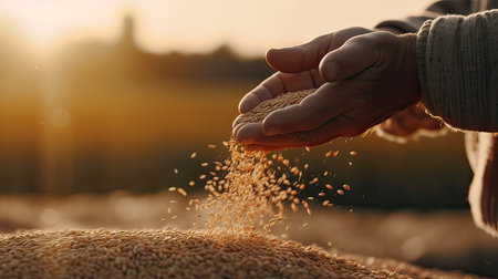 Farmer hand with wheat grains on wheat field at sunset, closeupの素材