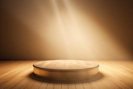 Golden podium on wooden floor. 3D render. Mock up.の素材