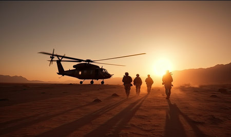 Silhouette of soldiers and helicopter in the desert at sunset.の素材