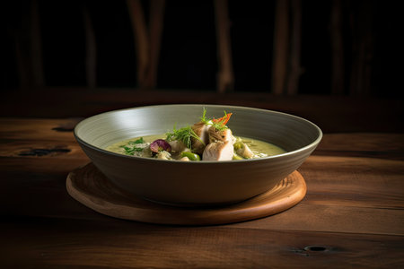 Chicken soup with vegetables and herbs in a bowl on a wooden tableの素材