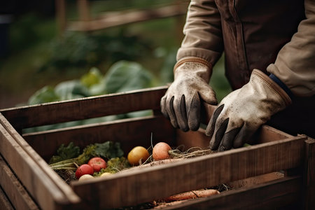 Close-up of farmer's hands in gloves picking fresh vegetables from wooden box.の素材