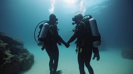 Underwater photo of two scuba divers holding hands and looking at each otherの素材