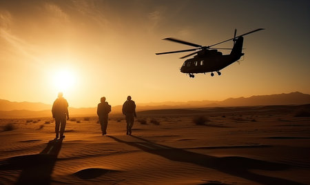Silhouette of two men and a helicopter in the desert at sunsetの素材