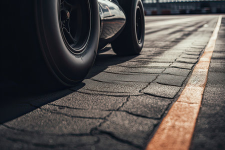 Close-up shot of the wheel of a sports car on the roadの素材