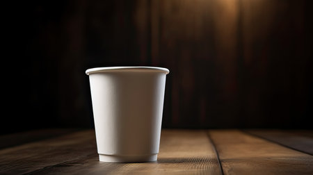 White paper cup on a wooden background. Close-up image.の素材