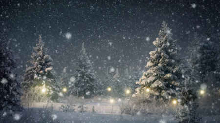 Snowy winter landscape with fir trees and street lights at night.の素材