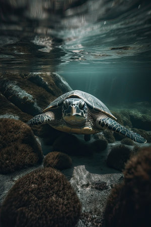 Hawaiian Green Sea Turtle (Chelonia mydas) swimming underwaterの素材