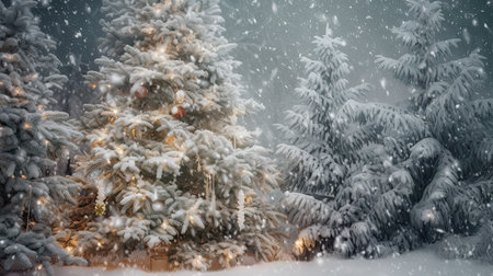 Beautiful winter landscape with snowy fir trees and snowfall. Christmas backgroundの素材