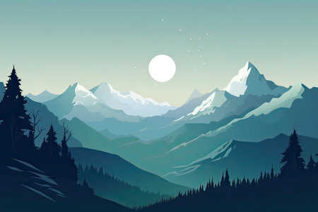 Mountains and forest at night. Nature landscape. Vector illustration.の素材