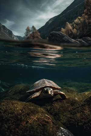 Turtle swimming underwater in the water of the Pacific Ocean, Argentinaの素材